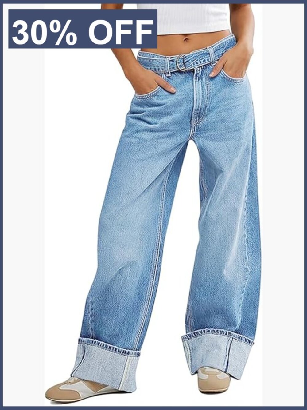 High Waisted Wide Leg Cuffed Denim Jeans with Belted Detail - Picture 1 of 7